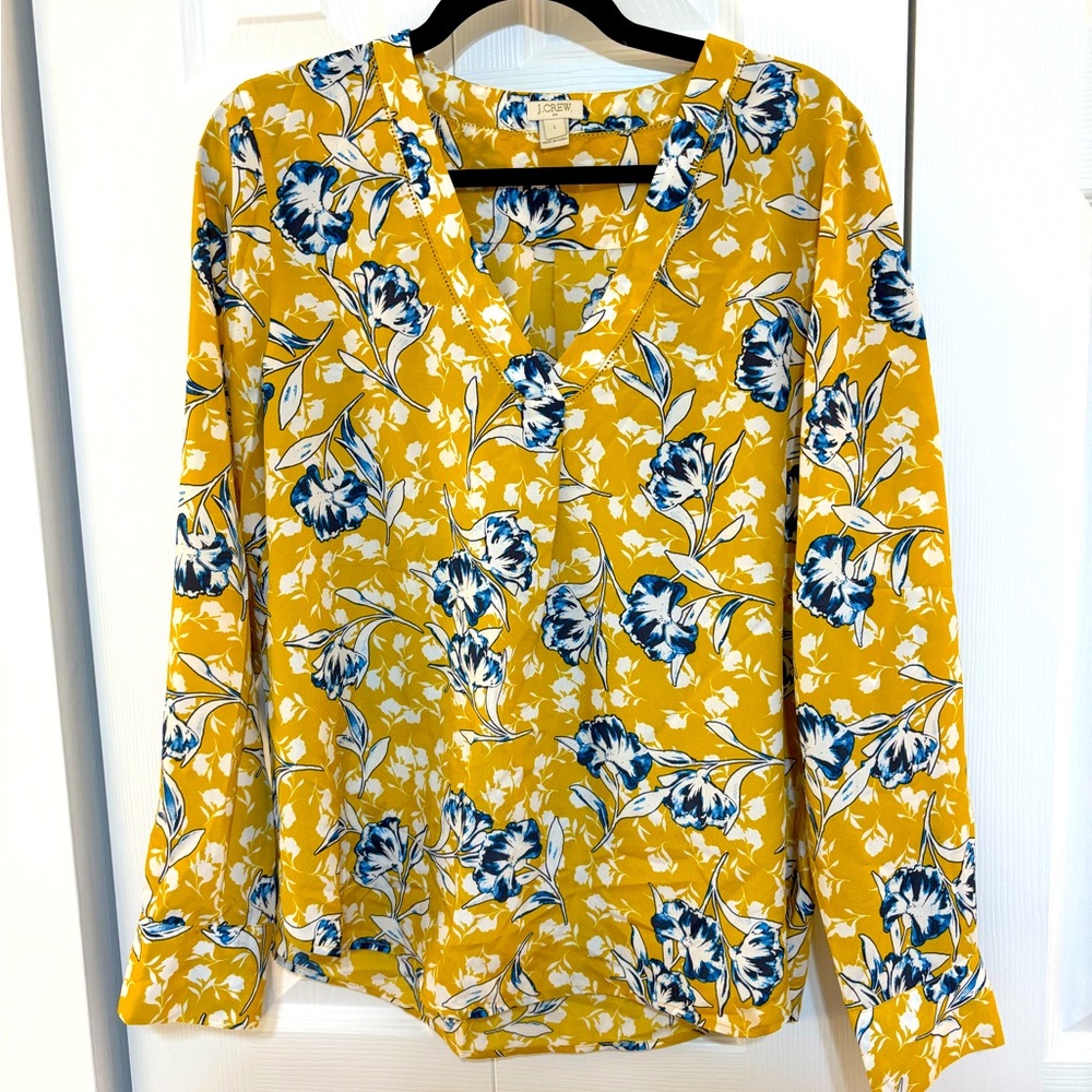 Yellow and Blue V Neck JCrew Factory Long Sleeve Blouse